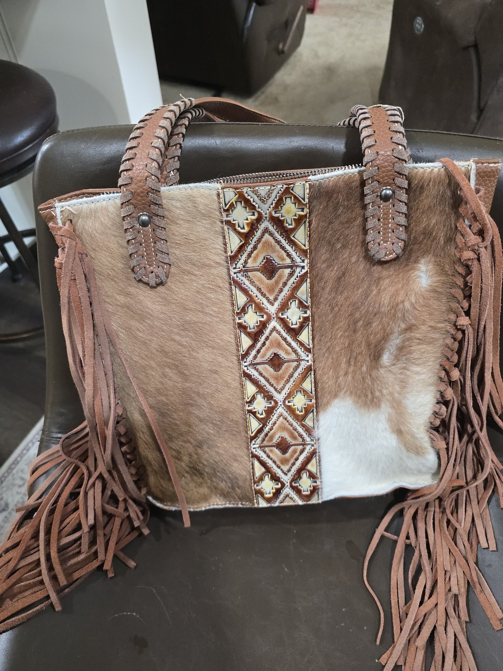 Fringed Cowhide Tote Bag with Southwestern Embroidered Trim